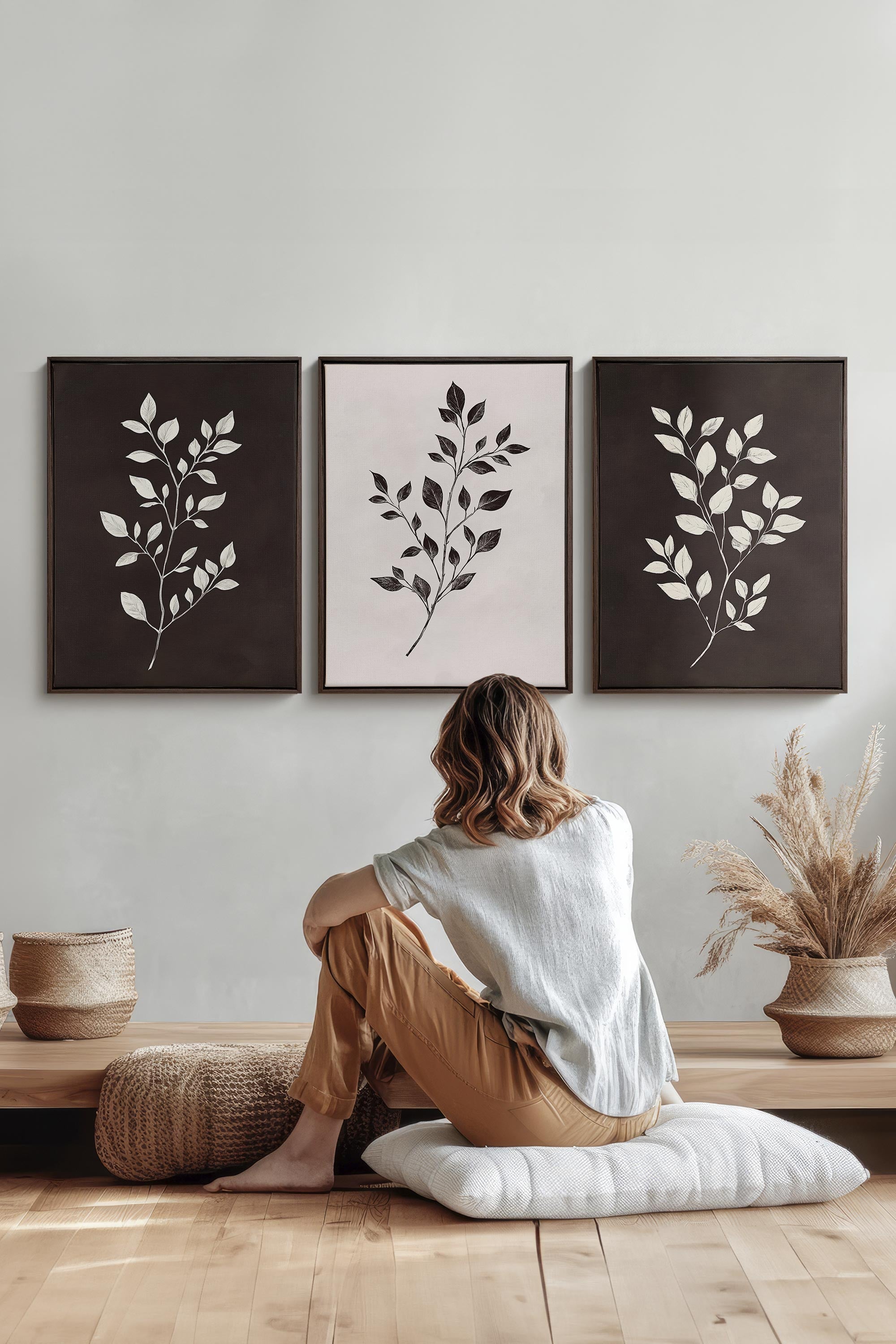 TRIO FEUILLAGE BRUN Stretched Canvas Artwork x3