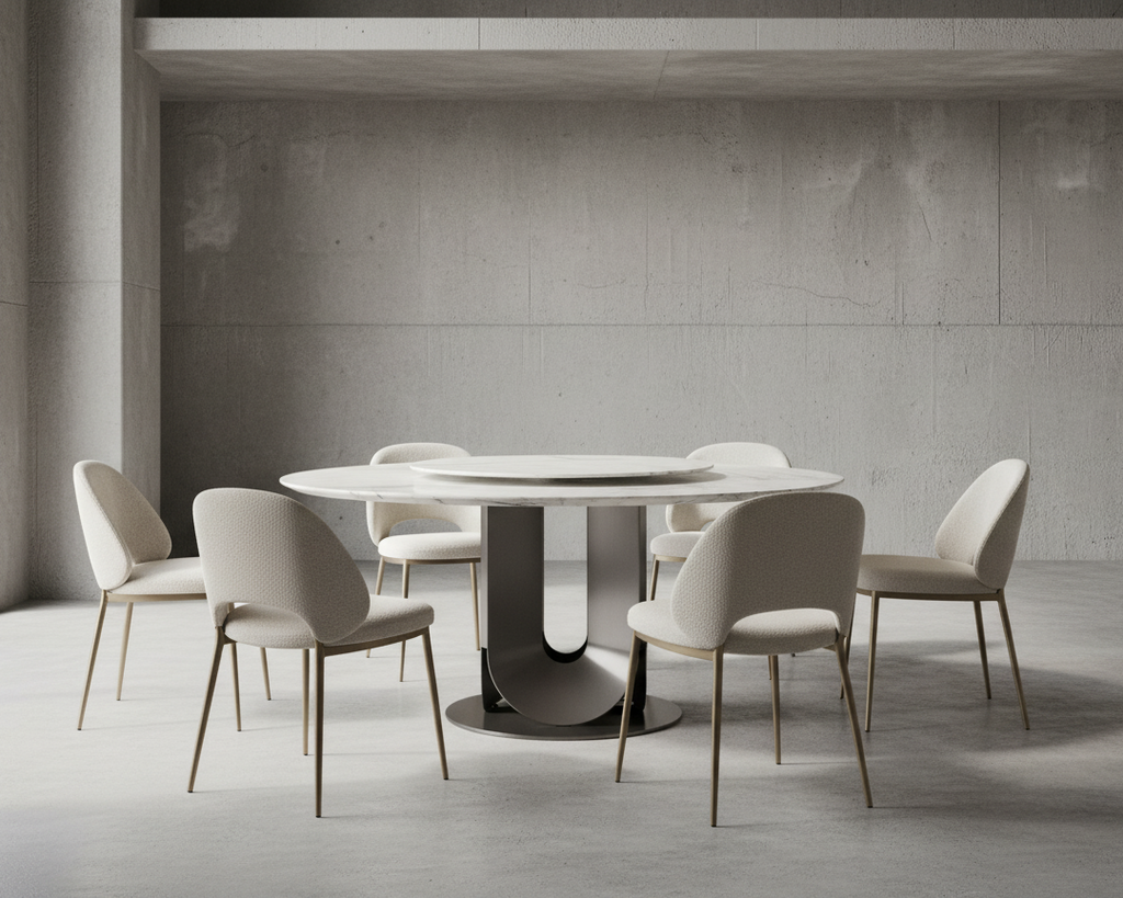 Eleonore Round White Marble Dining Table with Rotating Center