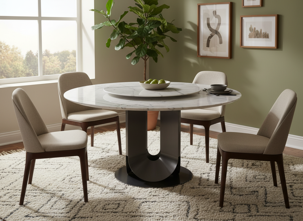 Eleonore Round White Marble Dining Table with Rotating Center