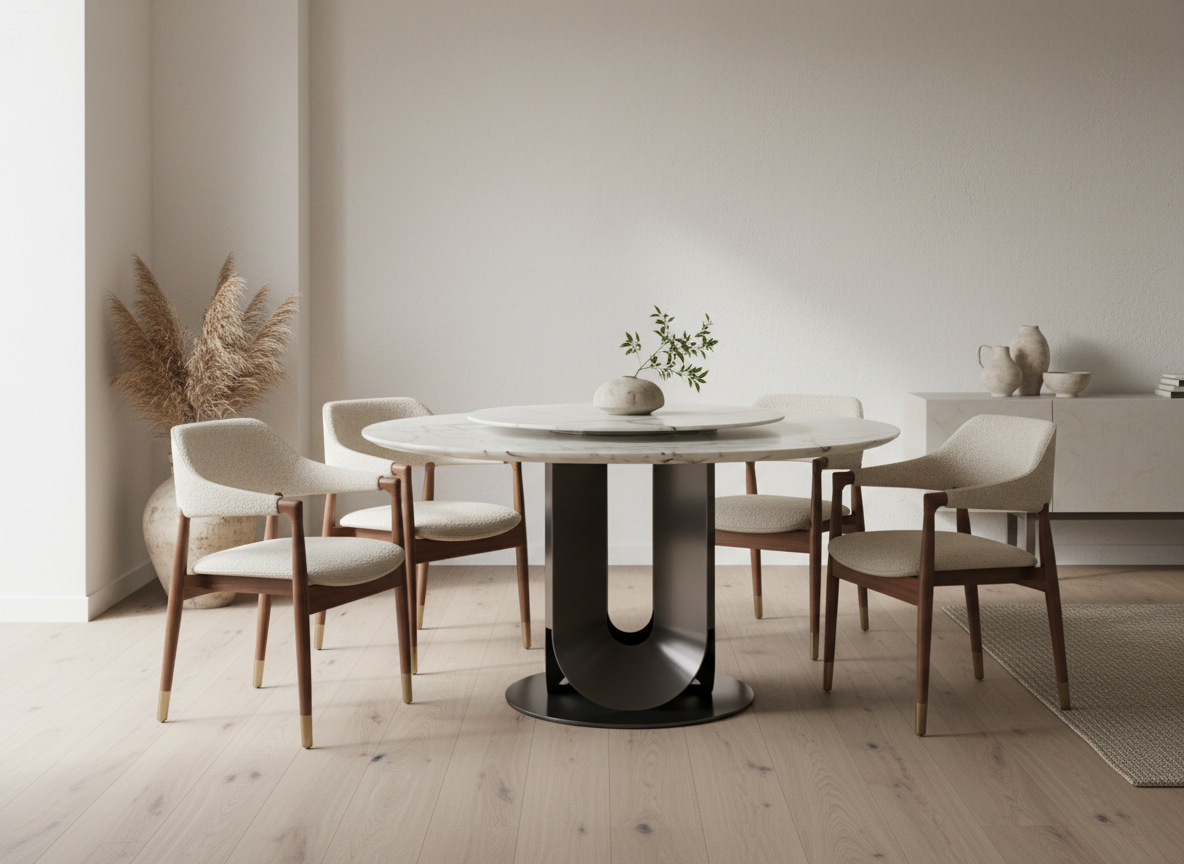 Eleonore Round White Marble Dining Table with Rotating Center