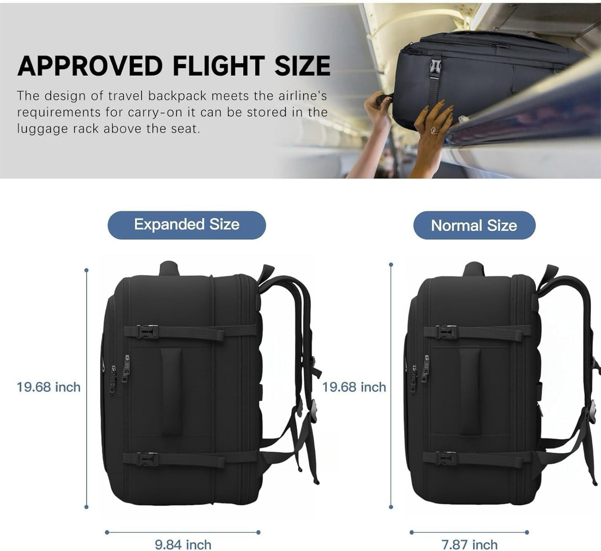 Carry On Backpack, 50L Travel Backpack, Luggage Backpack TSA Flight Approved Laptop Backpack for Men & Women, Large Expandable Backpack 40L Daypack Lightweight Business Weekender Bag, Black