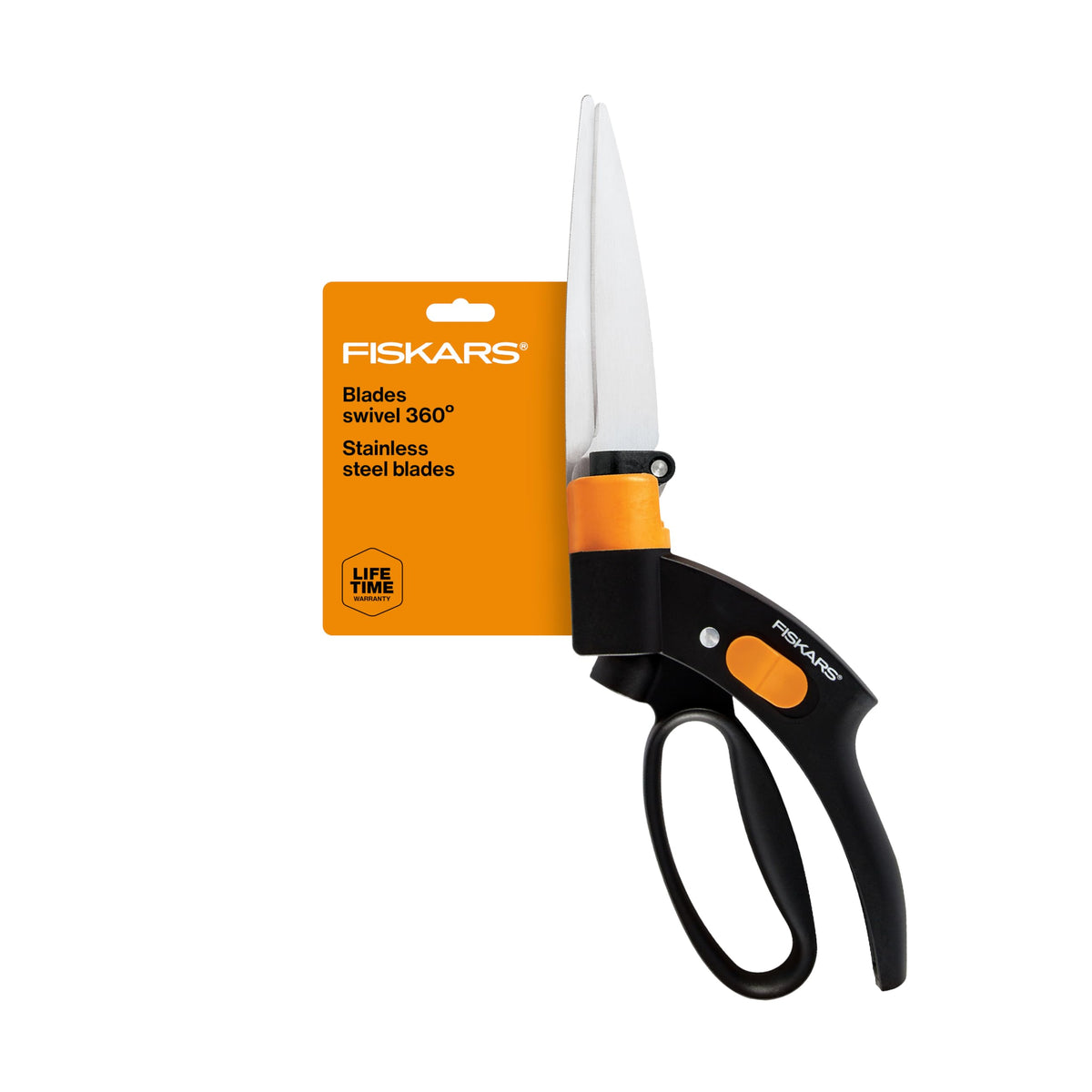 Fiskars Shear Ease Grass Shears - 5" Stainless Steel Blades - 360-Degree Swivel Blade Plant Cutting Scissors - Garden Shears and Grass Cutter