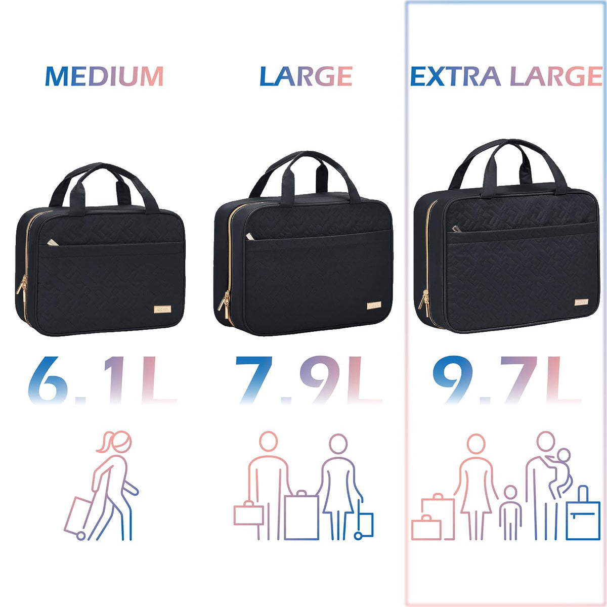 NISHEL Travel Toiletry Bag for Women, Portable Hanging Organizer for Full-Sized Shampoo, Conditioner, Brushes Set, Makeup Accessories, Large Size, Black