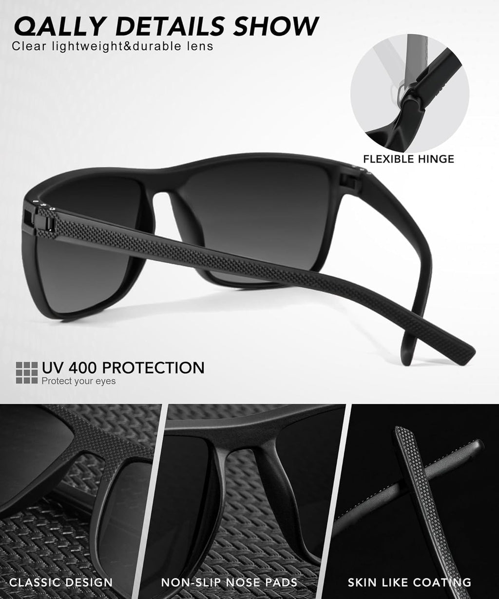 QALLY Polarized Sunglasses Men Lightweight Square Mens Sun Glasses for Driving Sports with UV400 Protection, Black/Dark Green/Tawny