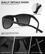 QALLY Polarized Sunglasses Men Lightweight Square Mens Sun Glasses for Driving Sports with UV400 Protection, Black/Dark Green/Tawny