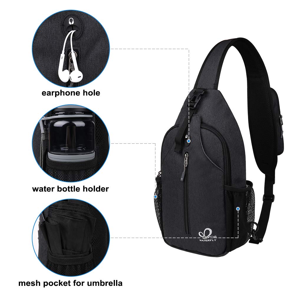 WATERFLY Sling Bag Sling Backpack Crossbody Bag Hiking Daypack for Men Women (Black Color)