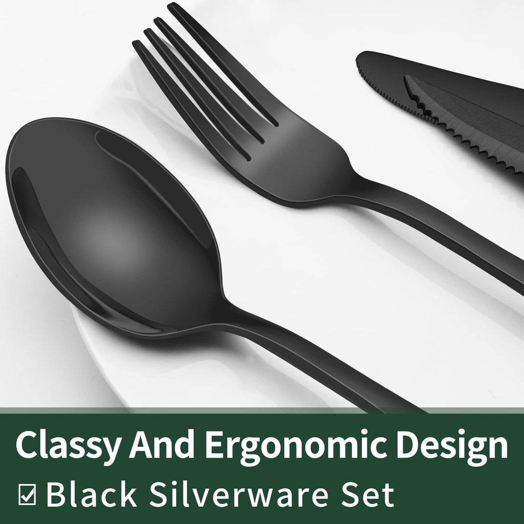 24-Piece Black Silverware Set with Steak Knives, Black Flatware Set for 4, Food-Grade Stainless Steel Tableware Cutlery Set, Mirror Finished Utensil Sets for Home Restaurant 🍁 All In One Marketplace Canada