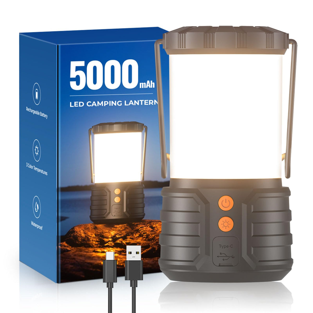 Camping Lantern,5000mAh Rechargeable Battery Emergency Lights for Power Outages,3 Colors,IPX4 Waterproof Portable Led Camping Tent Light for Home Indoor or Outdoor,1 Pack
