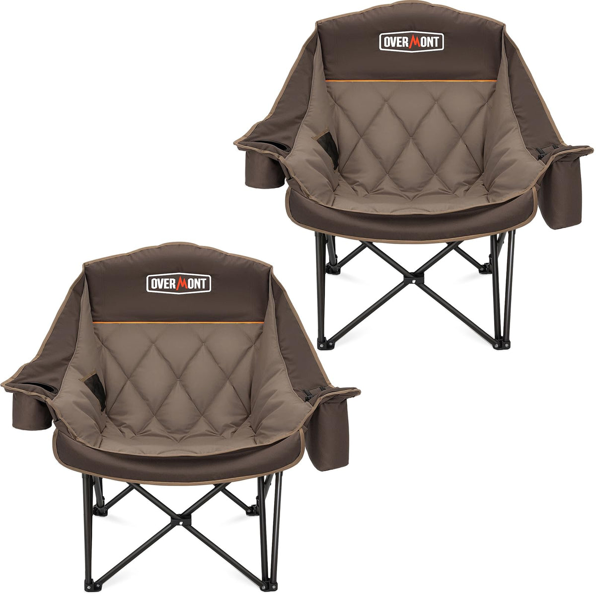 Overmont Oversized XL Camping Chair for Adults - 450lbs Support Heavy-Duty Padded Folding Chair with Side Pocket Cup Holder Cooling Bag for Outdoor Sports Garden Beach Fishing Lawn Khaki 2pcs