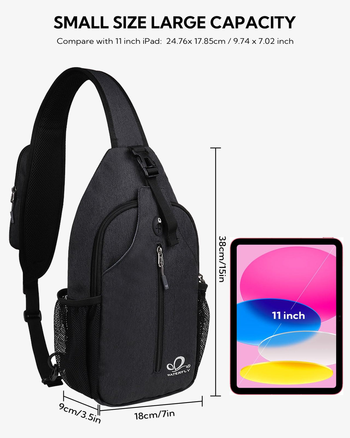 WATERFLY Sling Bag Sling Backpack Crossbody Bag Hiking Daypack for Men Women (Black Color)