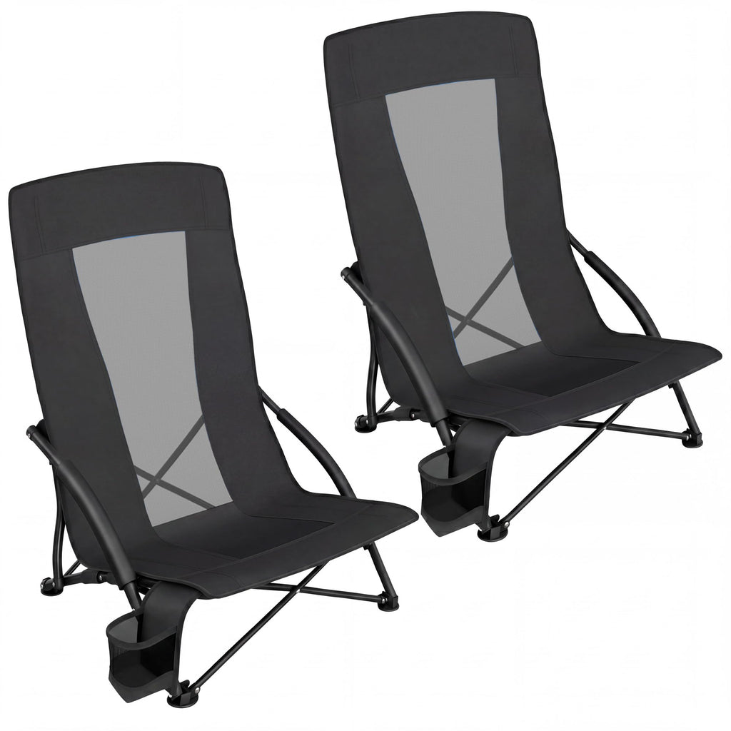 SONGMICS Set of 2 Portable Beach Chairs for Adults, Max. Load 330 lb Each, High Backrest, Cup Holder, Lightweight, Heavy-Duty, Black UGCB067B01V1