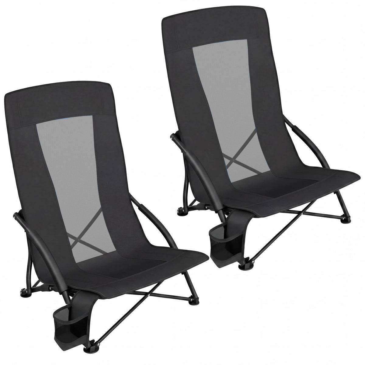 SONGMICS Set of 2 Portable Beach Chairs for Adults, Max. Load 330 lb Each, High Backrest, Cup Holder, Lightweight, Heavy-Duty, Black UGCB067B01V1