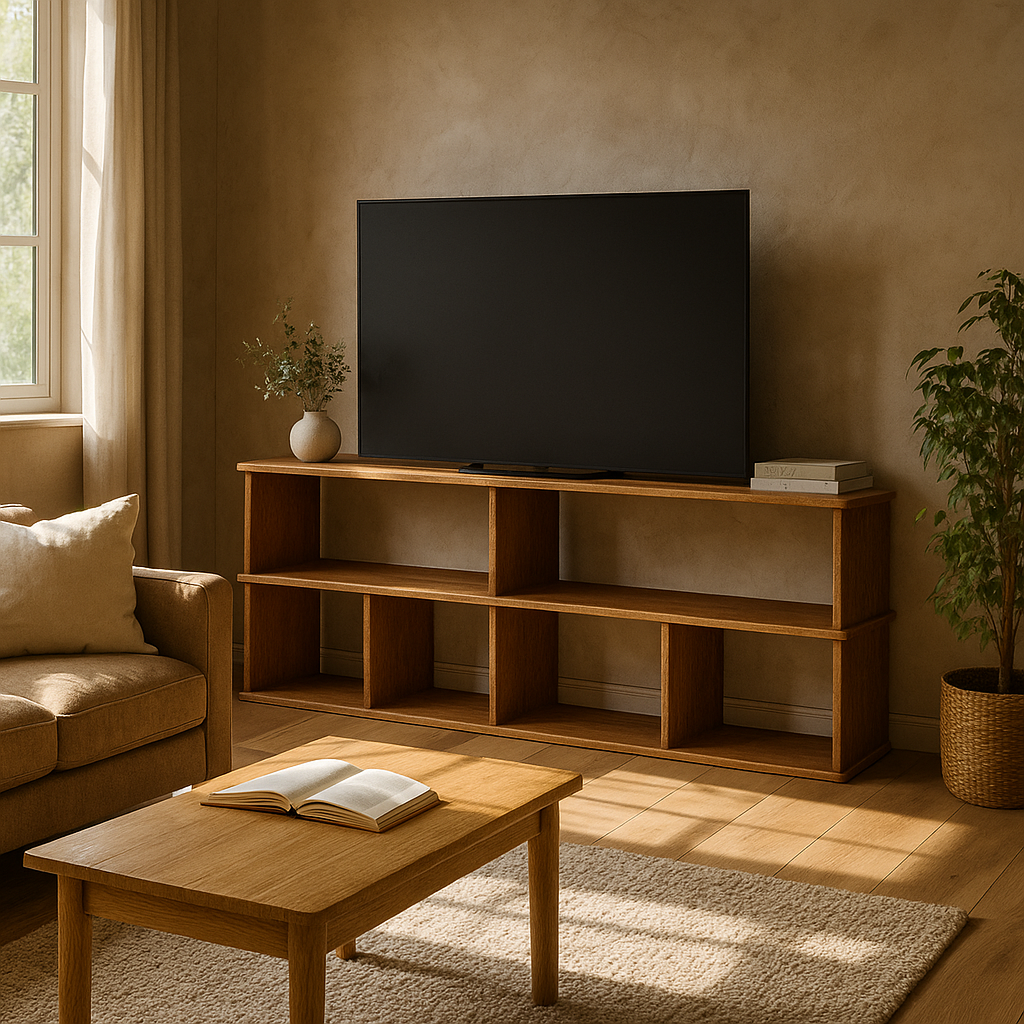 65 Inch Bookshelf TV Stand in Red Oak