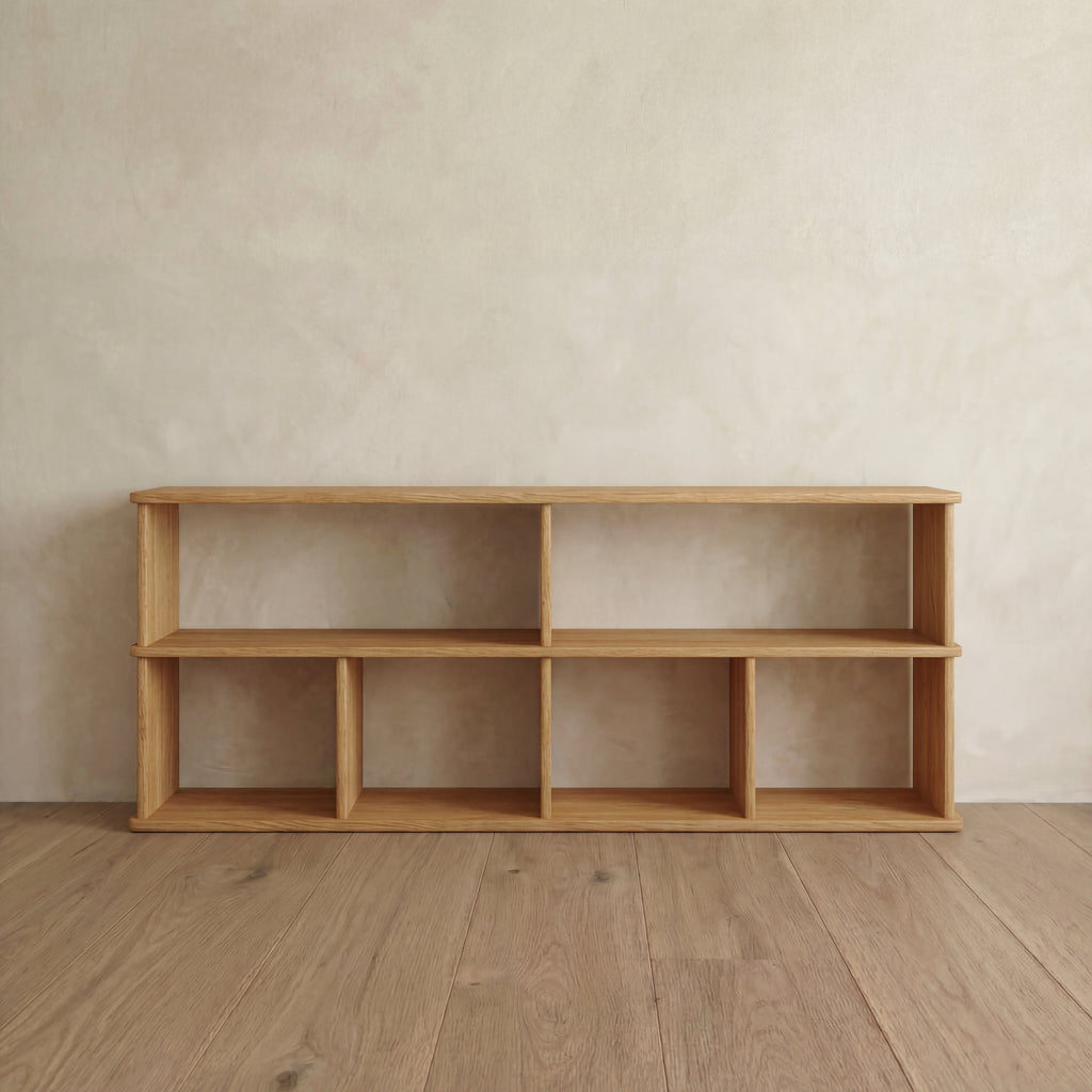 Mueble de TV de 65 pulgadas con estantería en roble blanco