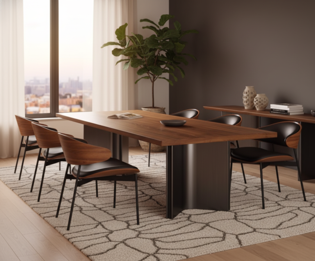 Juego de comedor Aero Curve de nogal y cuero
