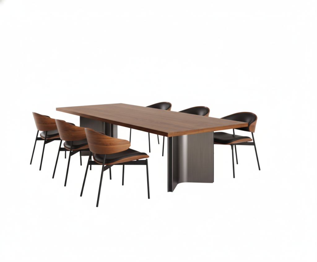 Juego de comedor Aero Curve de nogal y cuero