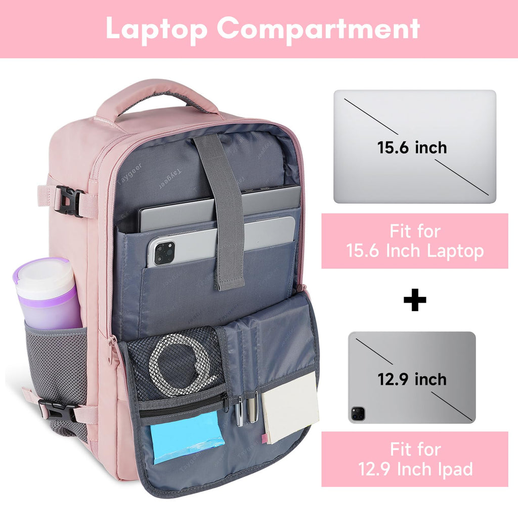 Taygeer Travel Backpack for Women, Carry On Backpack with Shoe Pouch, TSA 15.6inch Laptop Backpack Flight Approved, College Nurse Bag Casual Daypack for Weekender Business Hiking, Pink