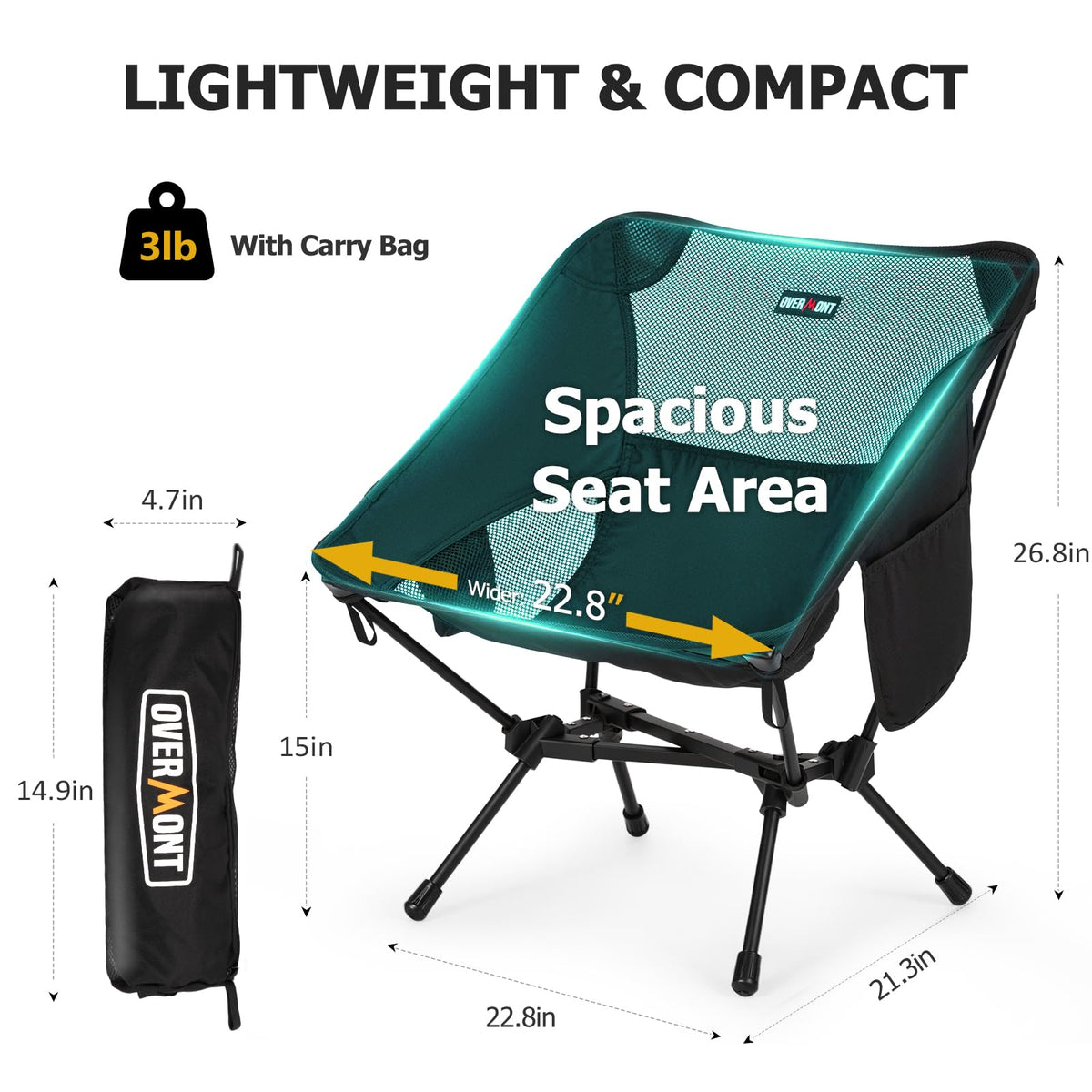Overmont Lightweight Folding Camping Chair - Compact Backpacking Chair with Anti-Slip Feet Side Pocket Carry Bag - Stable Portable Ultralight for Outdoor Hiking Lawn Camp, Supports 330LBS, 1pack