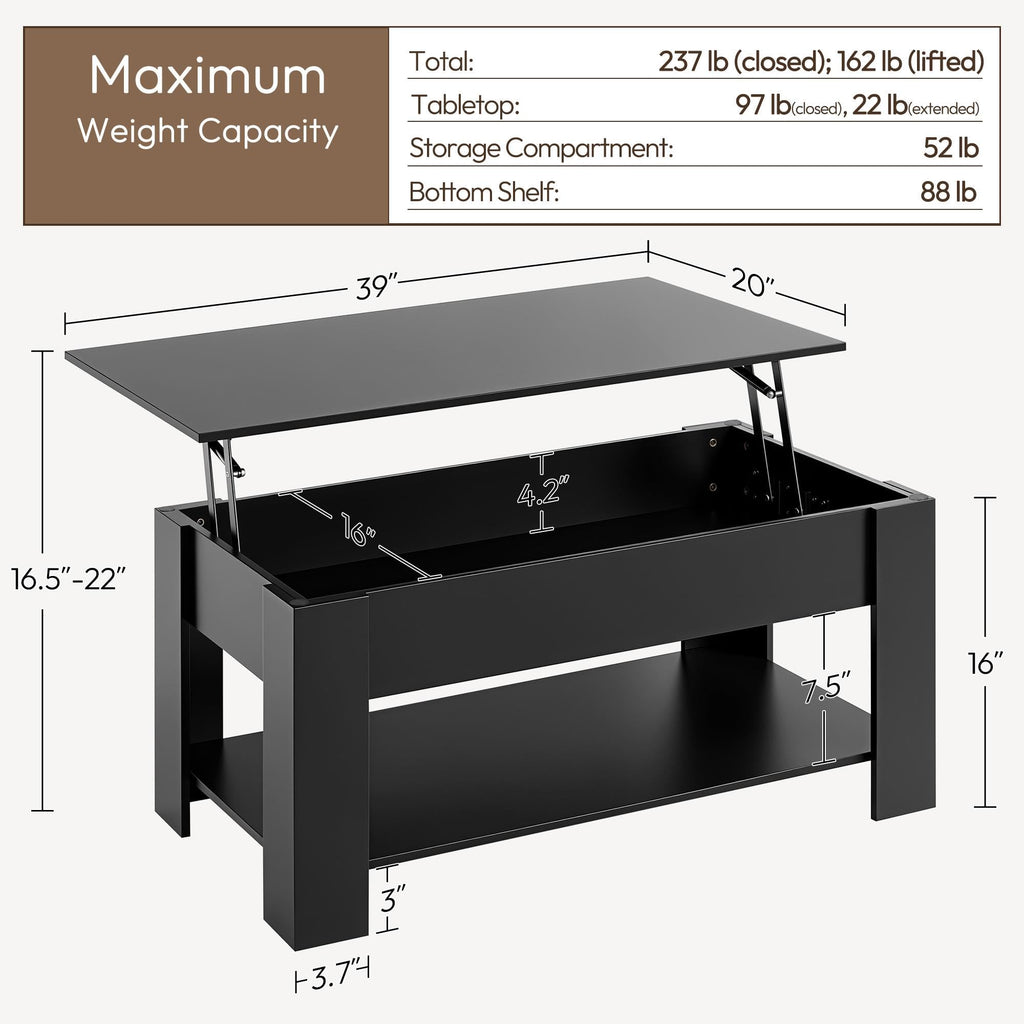Yaheetech Coffee Table with Storage, Lift Top, 98cm L, Black