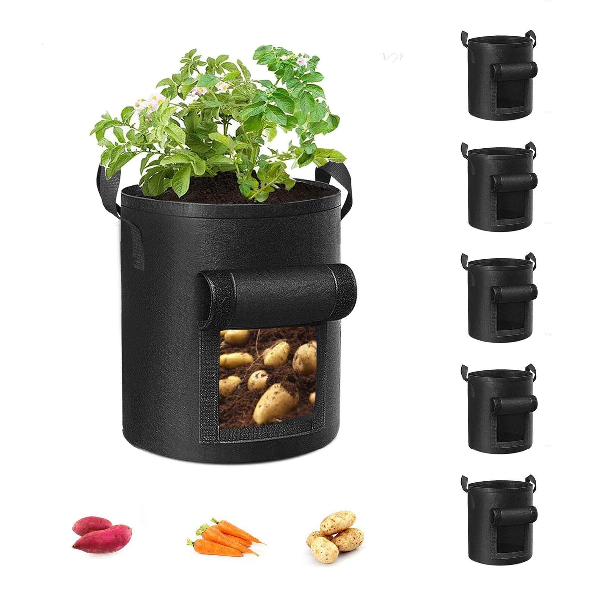 Cavisoo 5-Pack 10 Gallon Potato Grow Bags, Garden Planting Bag with Reinforced Handle, Thickened Nonwoven Fabric Pots for Tomato, Vegetable and Fruits
