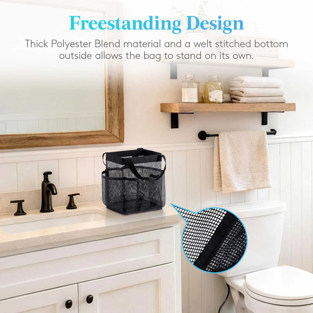 Lifewit Mesh Shower Caddy Freestanding Portable Shower Tote Bag for College Dorm, Bathroom, Gym, Travel, Quick Dry Hanging Shower Organizer with 7 Storage Pockets for Toiletry Essentials, Medium,Black