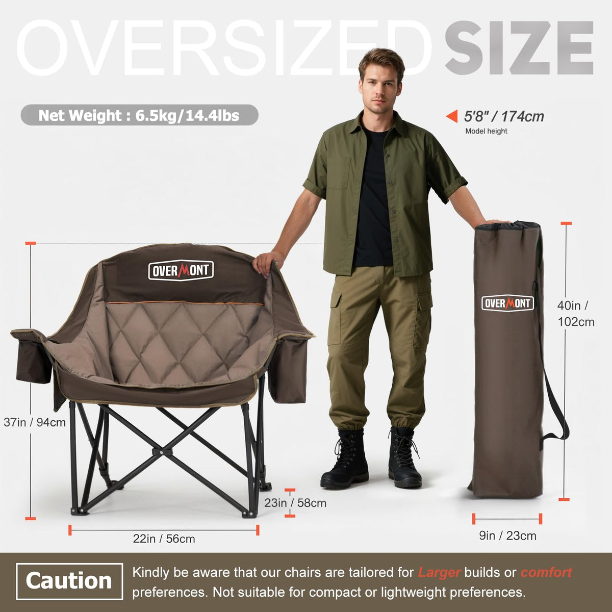 Overmont Oversized XL Camping Chair for Adults - 450lbs Support Heavy-Duty Padded Folding Chair with Side Pocket Cup Holder Cooling Bag for Outdoor Sports Garden Beach Fishing Lawn Khaki 2pcs
