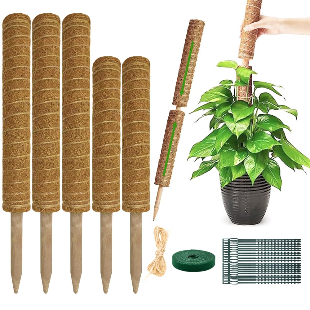 Moss Pole Plant Support Monstera - 5 Pack Coco Coir Moss Stick Plants Climber Support Indoor Monstera Stake for Climbing Plants Live House Potted, Vine, Pothos, Philodendron to Grow Upwards