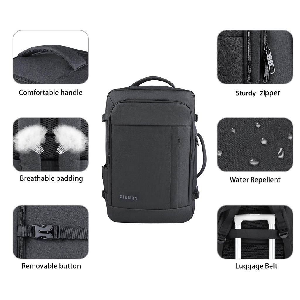 Carry On Backpack, 50L Travel Backpack, Luggage Backpack TSA Flight Approved Laptop Backpack for Men & Women, Large Expandable Backpack 40L Daypack Lightweight Business Weekender Bag, Black