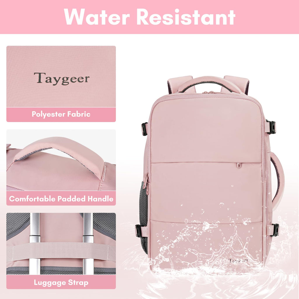 Taygeer Travel Backpack for Women, Carry On Backpack with Shoe Pouch, TSA 15.6inch Laptop Backpack Flight Approved, College Nurse Bag Casual Daypack for Weekender Business Hiking, Pink