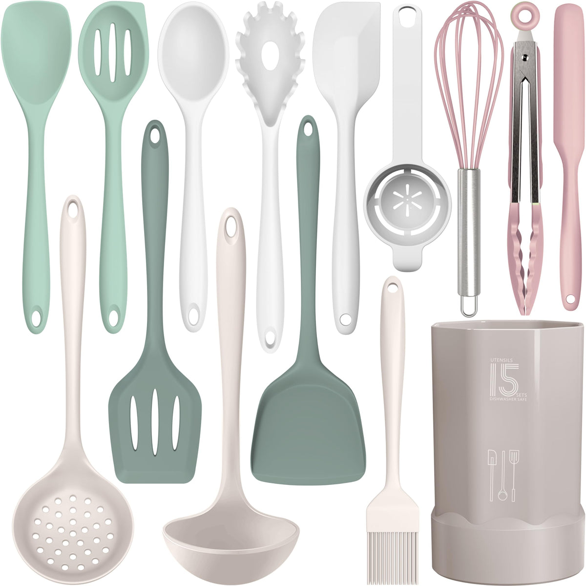Silicone Cooking Utensils Set - 446°F Heat Resistant Silicone Kitchen Utensils,Spatula,Spoon, All Clad Kitchen Utensil Sets Gadgets Tools for Nonstick Cookware,Dishwasher Safe BPA Free (Multicolor)