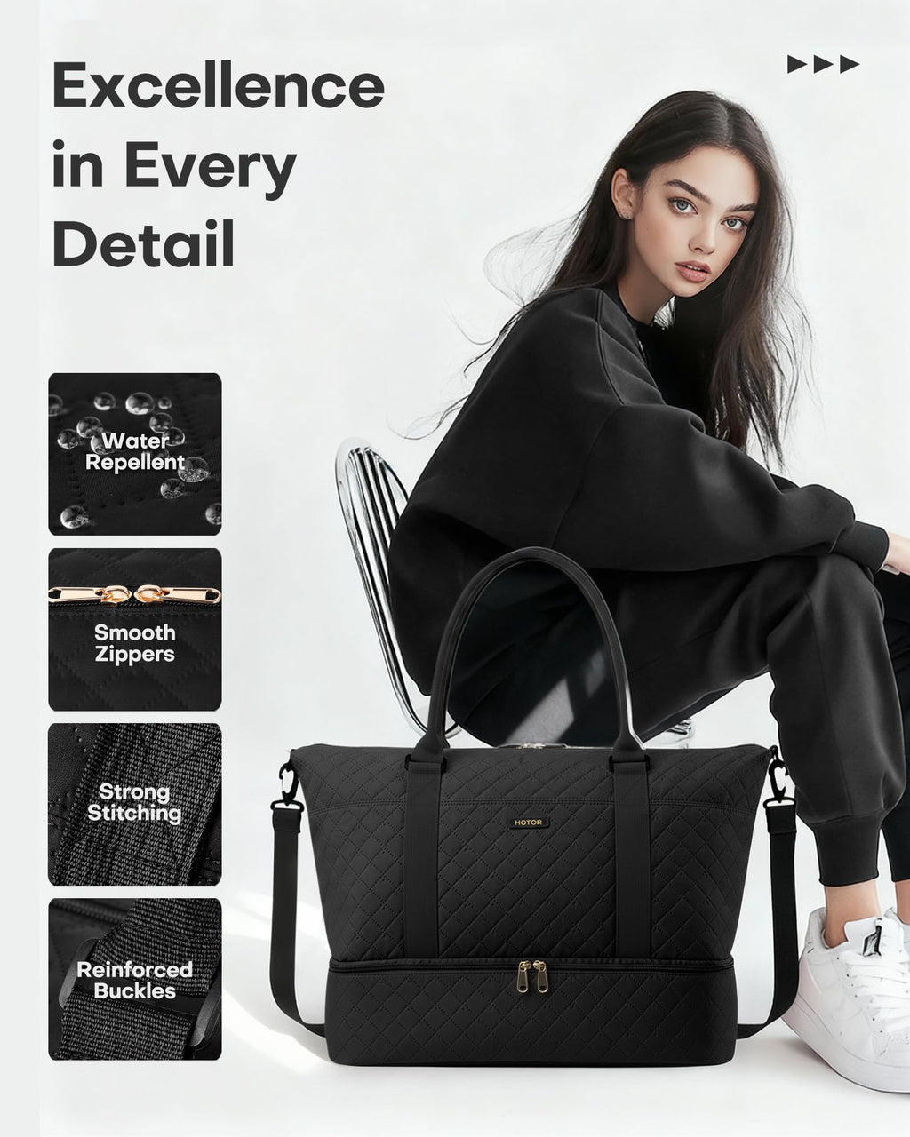 HOTOR Travel Duffel Bag - Large Weekender Bags for Women, Carry On Bag with Shoe Compartment, Overnight Bag with Toiletry Bag for Travel Essentials and Travel Accessories, Black, 34.0 x 45.0 x 20.0 cm