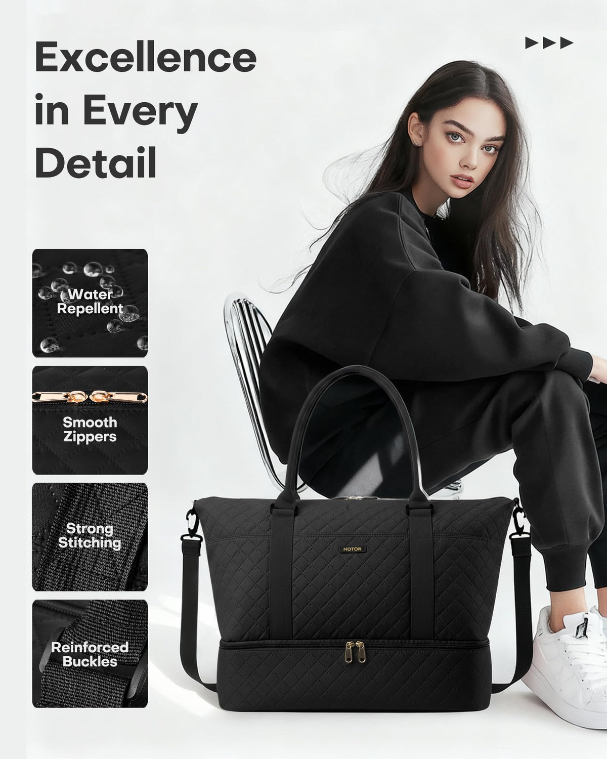 HOTOR Travel Duffel Bag - Large Weekender Bags for Women, Carry On Bag with Shoe Compartment, Overnight Bag with Toiletry Bag for Travel Essentials and Travel Accessories, Black, 34.0 x 45.0 x 20.0 cm