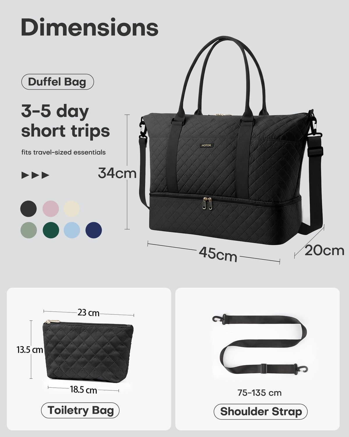 HOTOR Travel Duffel Bag - Large Weekender Bags for Women, Carry On Bag with Shoe Compartment, Overnight Bag with Toiletry Bag for Travel Essentials and Travel Accessories, Black, 34.0 x 45.0 x 20.0 cm