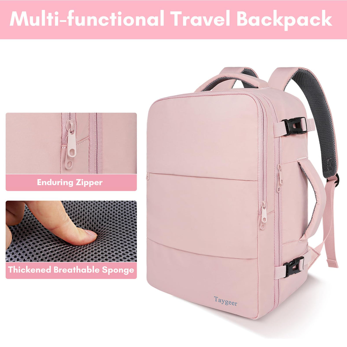 Taygeer Travel Backpack for Women, Carry On Backpack with Shoe Pouch, TSA 15.6inch Laptop Backpack Flight Approved, College Nurse Bag Casual Daypack for Weekender Business Hiking, Pink
