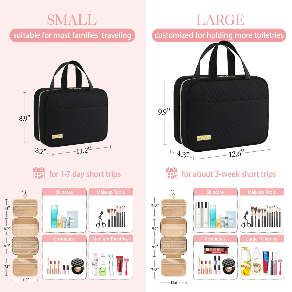 HOTOR Travel Toiletry Bag - Toiletry Bag w/Hanging Hook for Women & Men, Makeup Bag/Big Comparment, Waterproof for Travel Accessories, Travel Essentials, Small, Black