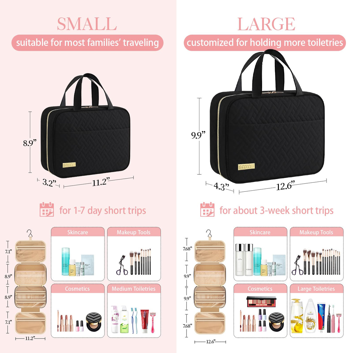 HOTOR Travel Toiletry Bag - Toiletry Bag w/Hanging Hook for Women & Men, Makeup Bag/Big Comparment, Waterproof for Travel Accessories, Travel Essentials, Small, Black