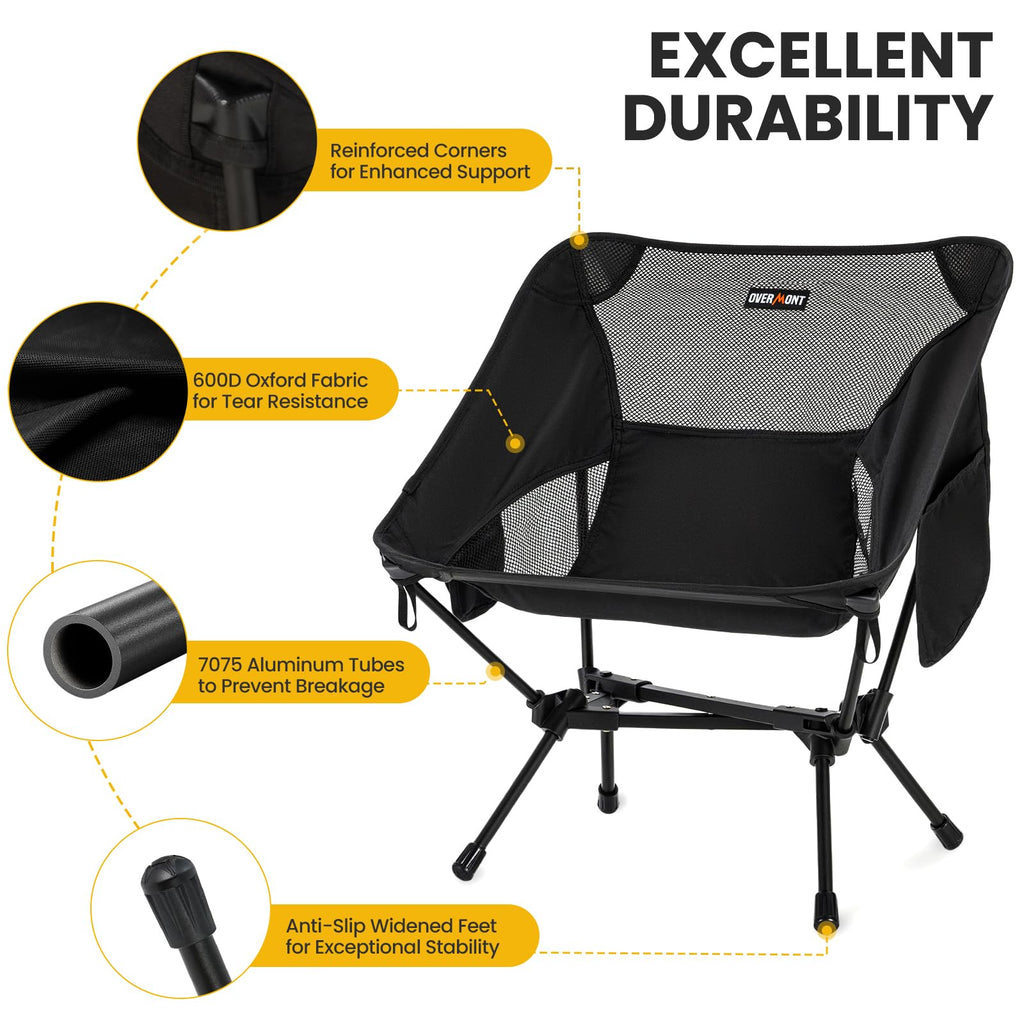 Overmont Lightweight Folding Camping Chair - Compact Backpacking Chair with Anti-Slip Feet Side Pocket Carry Bag - Stable Portable Ultralight for Outdoor Hiking Lawn Camp, Supports 330LBS, 1pack