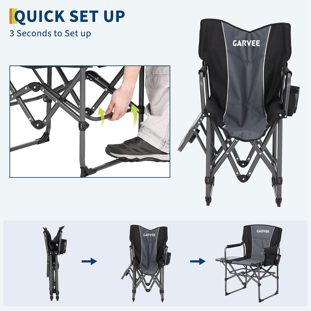 GarveeLife Oversized Camping Chair w/Side Table & Pocket,Outdoors, Black