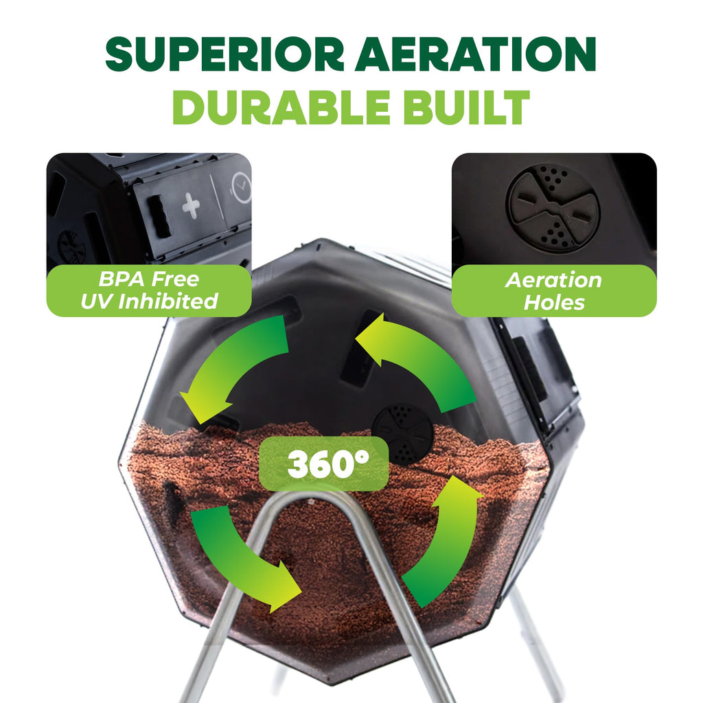FCMP Outdoor IM4000 Dual Chamber Tumbling Composter Canadian-Made, 100% Recycled Resin - Outdoor Rotating Compost Tumbler Bin for Garden, Kitchen, and Yard Waste, Black (37 Gallon)