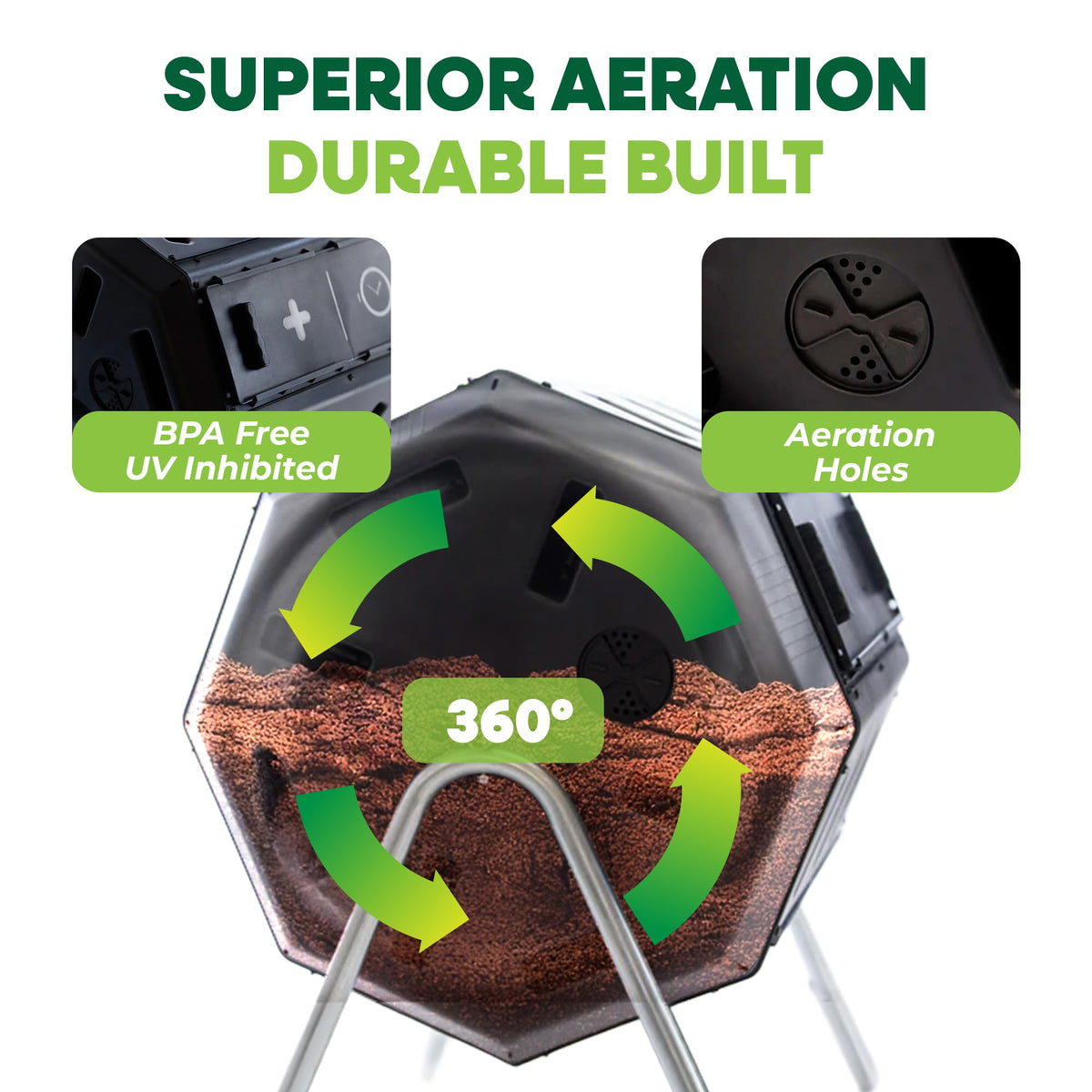 FCMP Outdoor IM4000 Dual Chamber Tumbling Composter Canadian-Made, 100% Recycled Resin - Outdoor Rotating Compost Tumbler Bin for Garden, Kitchen, and Yard Waste, Black (37 Gallon)