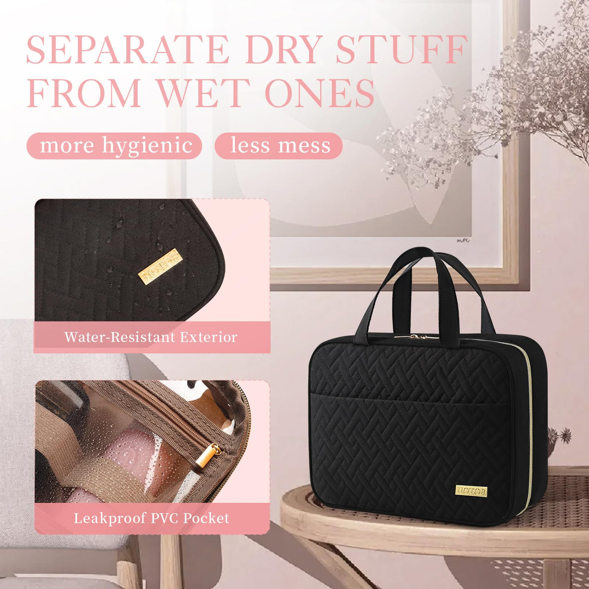HOTOR Travel Toiletry Bag - Toiletry Bag w/Hanging Hook for Women & Men, Makeup Bag/Big Comparment, Waterproof for Travel Accessories, Travel Essentials, Small, Black