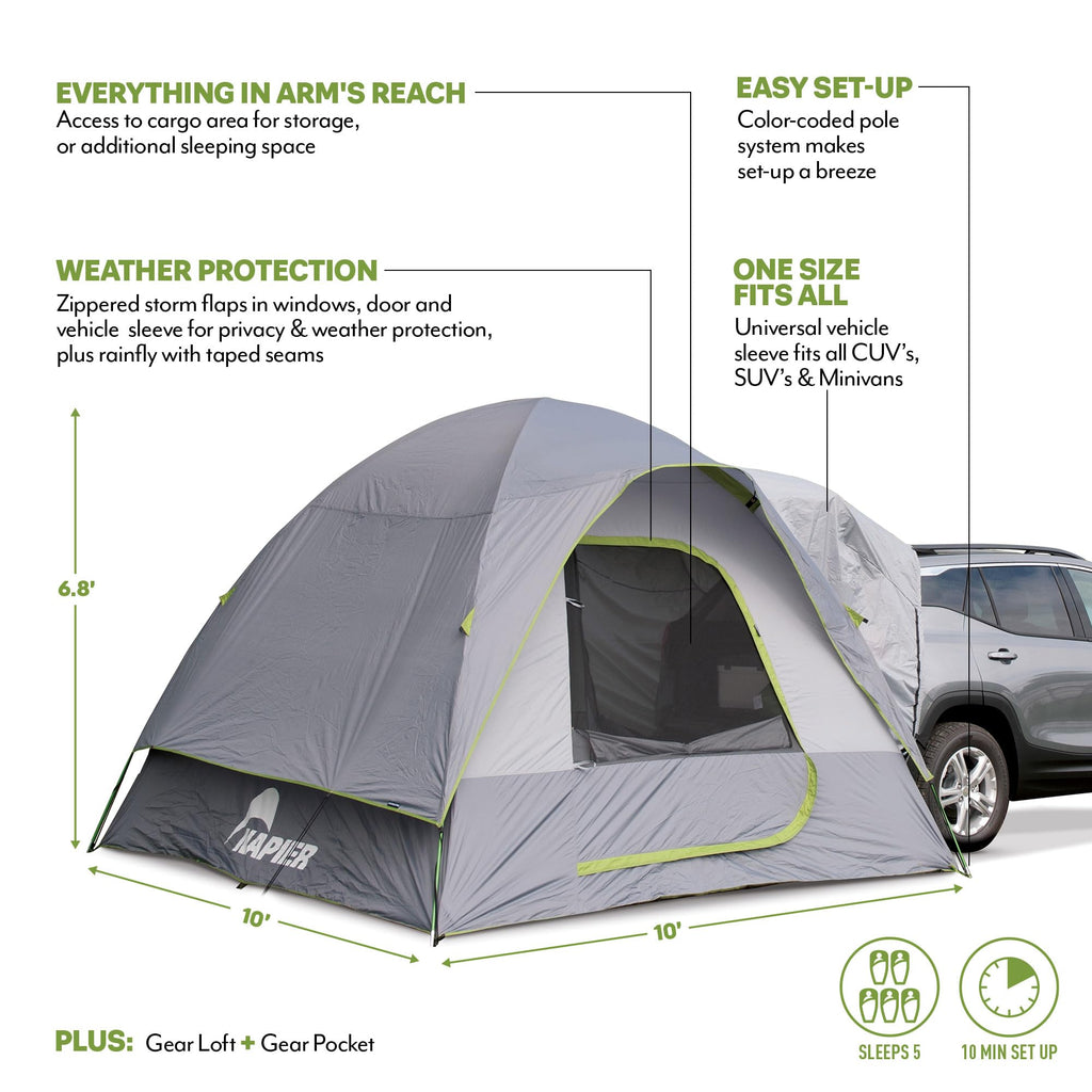 Napier Backroadz SUV Tent | 10' x 10' Vehicle Camping Tent | Fits All CUVs, SUVs, and Minivans | Sleeps 5 | Spacious, Durable, Easy Set-up | Gray/Green | Model 19100