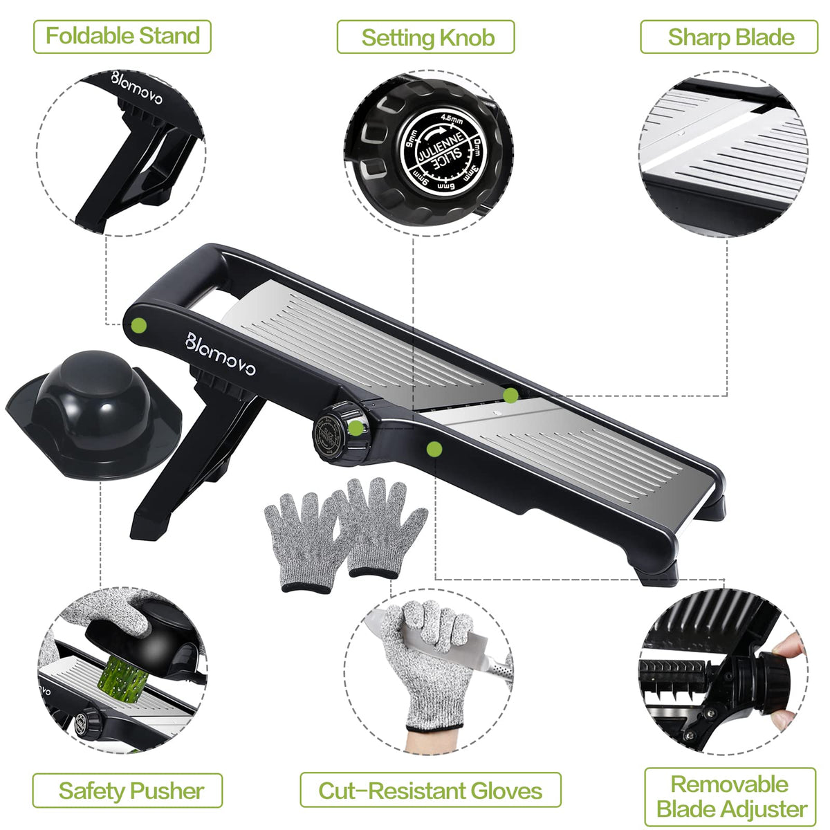 Blamovo Mandoline Slicer for Kitchen, Vegetable Mandolin Slicer with Adjustable Thickness by One-Knob Control, Veggie Fruit Potato Slicer Julienne, with Safety Gloves