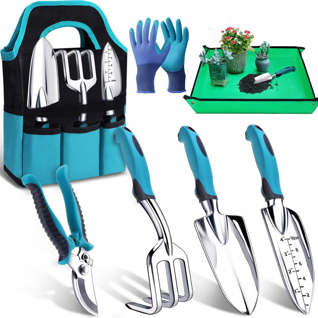 Kynup Gardening Tools 7-Piece, Heavy Duty Garden Tools Set with Non-Slip Ergonomic Handle, Repotting Mat, Rust-Proof, Gardening Hand Tools with Handbags and Gloves, Gardening Gifts for Women and Men
