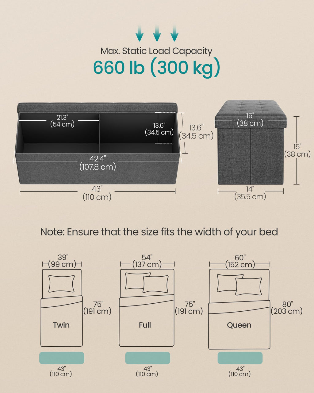 SONGMICS 110 cm Folding Storage Ottoman Bench, Padded Seat