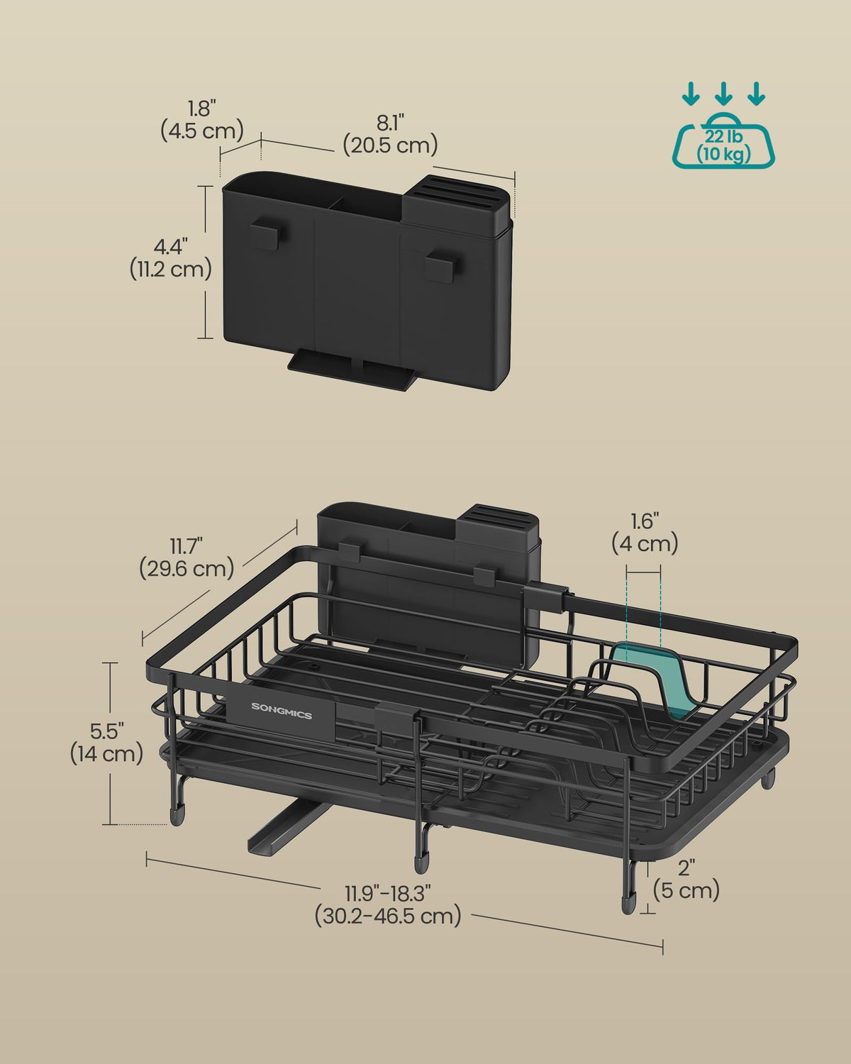SONGMICS Dish Drainer Rack, Large Extendable Draining Board Rack for Small Spaces, 360° Rotating Extendable Spout, Kitchen Sink Drainer, Steel, 46.5 x 29.6 x 14 cm, Ink Black KCS556BH01