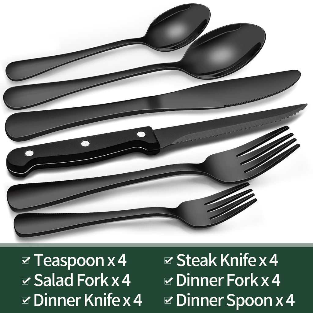24-Piece Black Silverware Set with Steak Knives, Black Flatware Set for 4, Food-Grade Stainless Steel Tableware Cutlery Set, Mirror Finished Utensil Sets for Home Restaurant 🍁 All In One Marketplace Canada