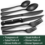 24-Piece Black Silverware Set with Steak Knives, Black Flatware Set for 4, Food-Grade Stainless Steel Tableware Cutlery Set, Mirror Finished Utensil Sets for Home Restaurant 🍁 All In One Marketplace Canada