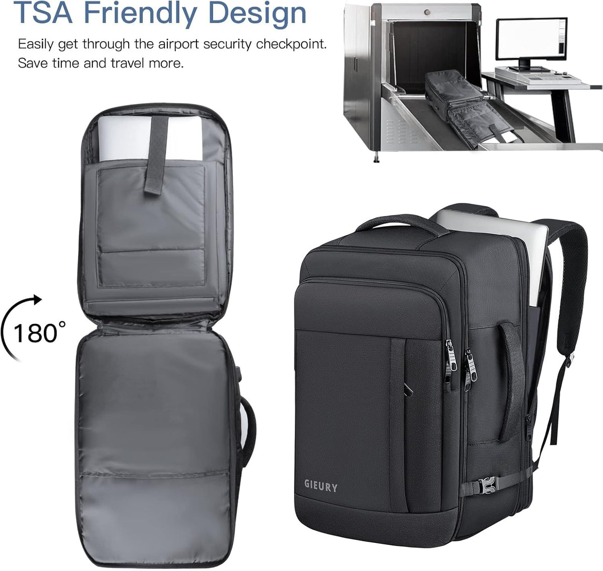 Carry On Backpack, 50L Travel Backpack, Luggage Backpack TSA Flight Approved Laptop Backpack for Men & Women, Large Expandable Backpack 40L Daypack Lightweight Business Weekender Bag, Black