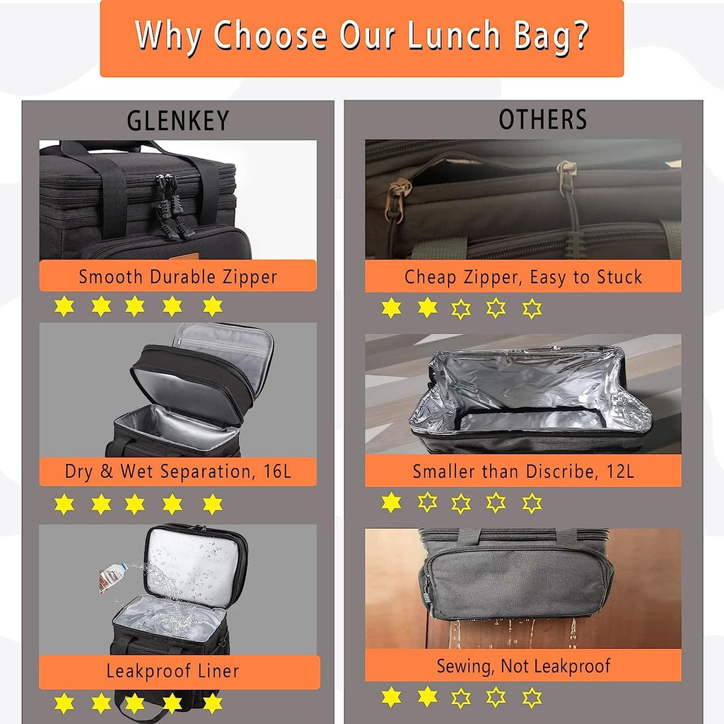 Expandable Large Lunch Bag, Double Deck Insulated Lunch Box Leakproof Durable Soft Cooler Bag for Men Women Adults Work Construction Beach Picnic Daytrip,16L,Black, GLENKEY